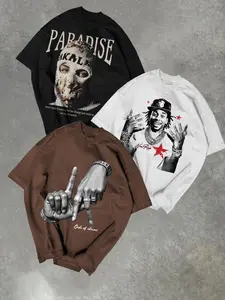 Men's Regular Fit Hand & Star Print Short Sleeve Graphic Tee, Casual Street Round Neck T-shirt for Summer, Men's Top for Daily Wear, Tropical