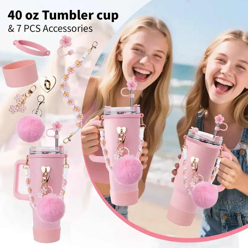 Stylish Lightweight 7PCS Drinkware Accessory Set for 30oz-40oz Tumblers/Glasses - Silicone Boot, Daisy Handle Strap, Straw Topper, Flower Charm, Pom Pom Decor, Cup Holder (No Cup Included)
