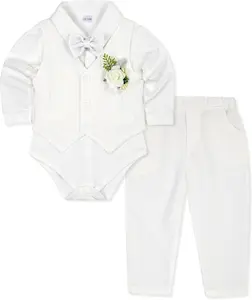 HOZIY Baby Boy Suits Infant Gentleman Outfit Collared Shirt+Vest+Tie+Corsage+Pants 5Pcs Baptism Wedding Sets for 0-24 Months