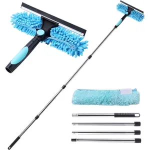 2-in-1 Window  and Scraper with 2 Microfiber Cloths Adjustable Length 180?Rotatable  for Glass  Bathroom Floor Tile Window Cleaning 64.96"