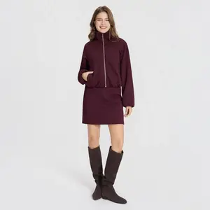 Women's Textured Jacquard Funnel-Neck Bomber Jacket - A New Day Burgundy Chevron XS