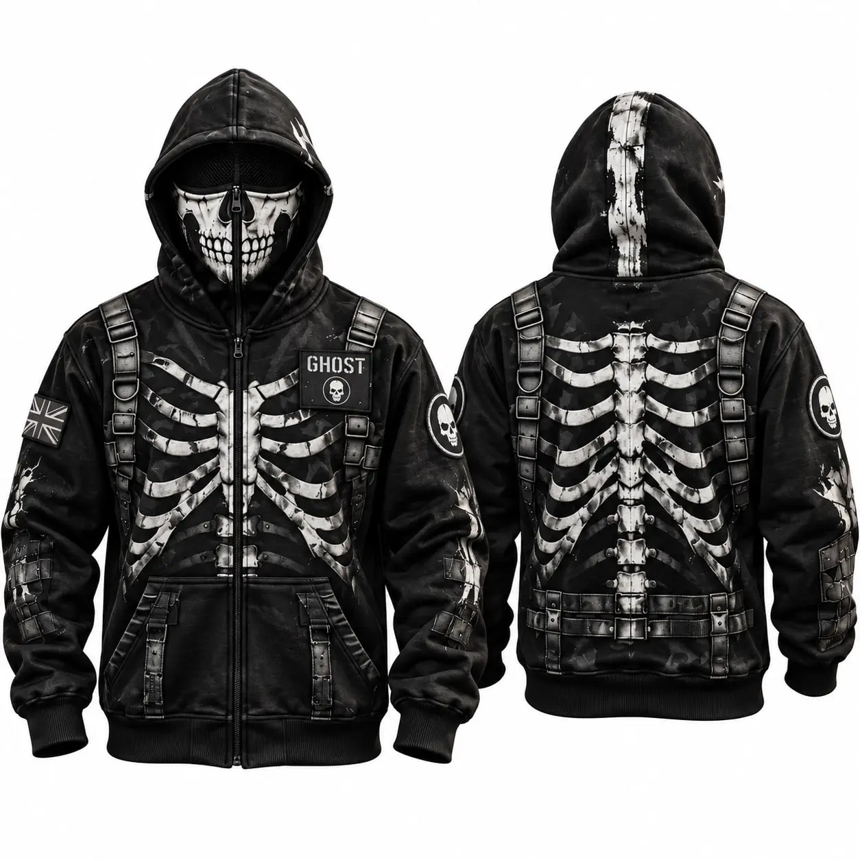 Ghost Skeleton Full Zip Up Hoodie LN with Face Mask, Skull Warrior Graphic Zip Up Sweatshirt, Military Special Ops Inspired Balaclava Hoodie, Dark Gaming Streetwear Jacket