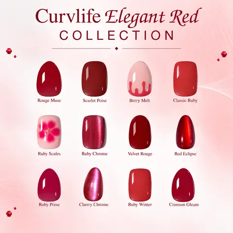 Curvlife Elegant Red Press On Nails | Glossy Finish with Metallic Red Shimmer & Deep Hue | Easy to Apply, Comfortable & Long-Lasting | Great for Evening Events, Parties, Romantic Dinners & Special Occasions