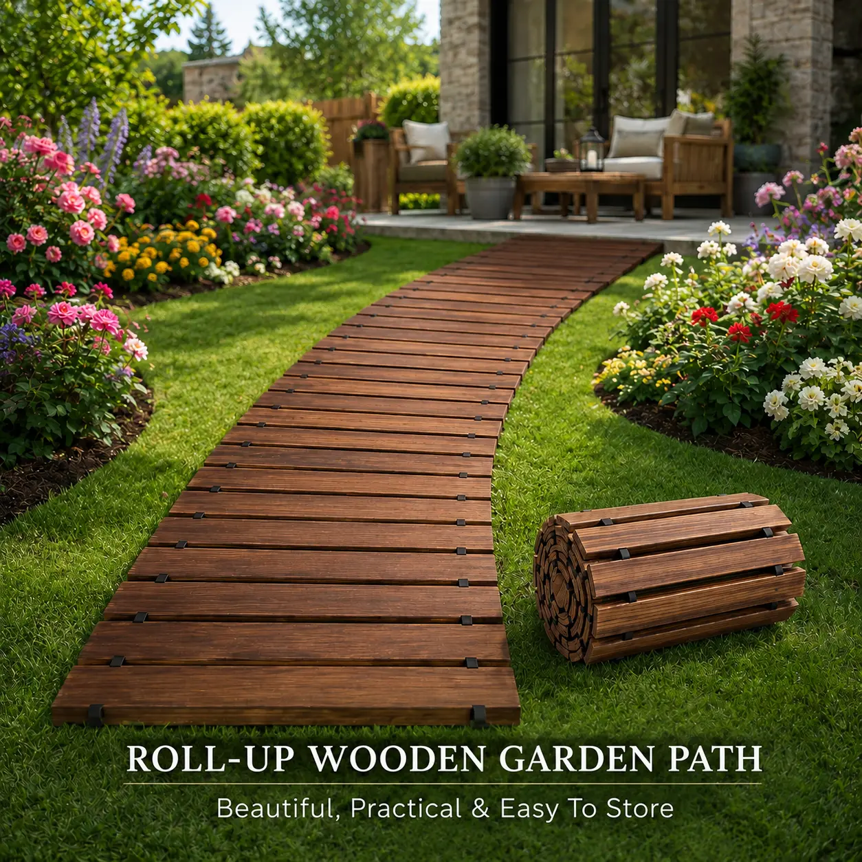 Portable Wooden Garden Walking Pathway, Roll-Up Design for Easy Pathway Setup, Patio Transitions & Backyard Outdoor Spaces