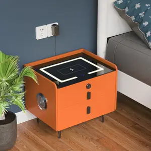 Farmhouse Tray Nightstand with Charger 2 - Drawer Nightstand With Fingerprint Lock And Led Lights And Music Player nightstand bed  tables light furniture bedroom top charging station wood nightstand bed side table