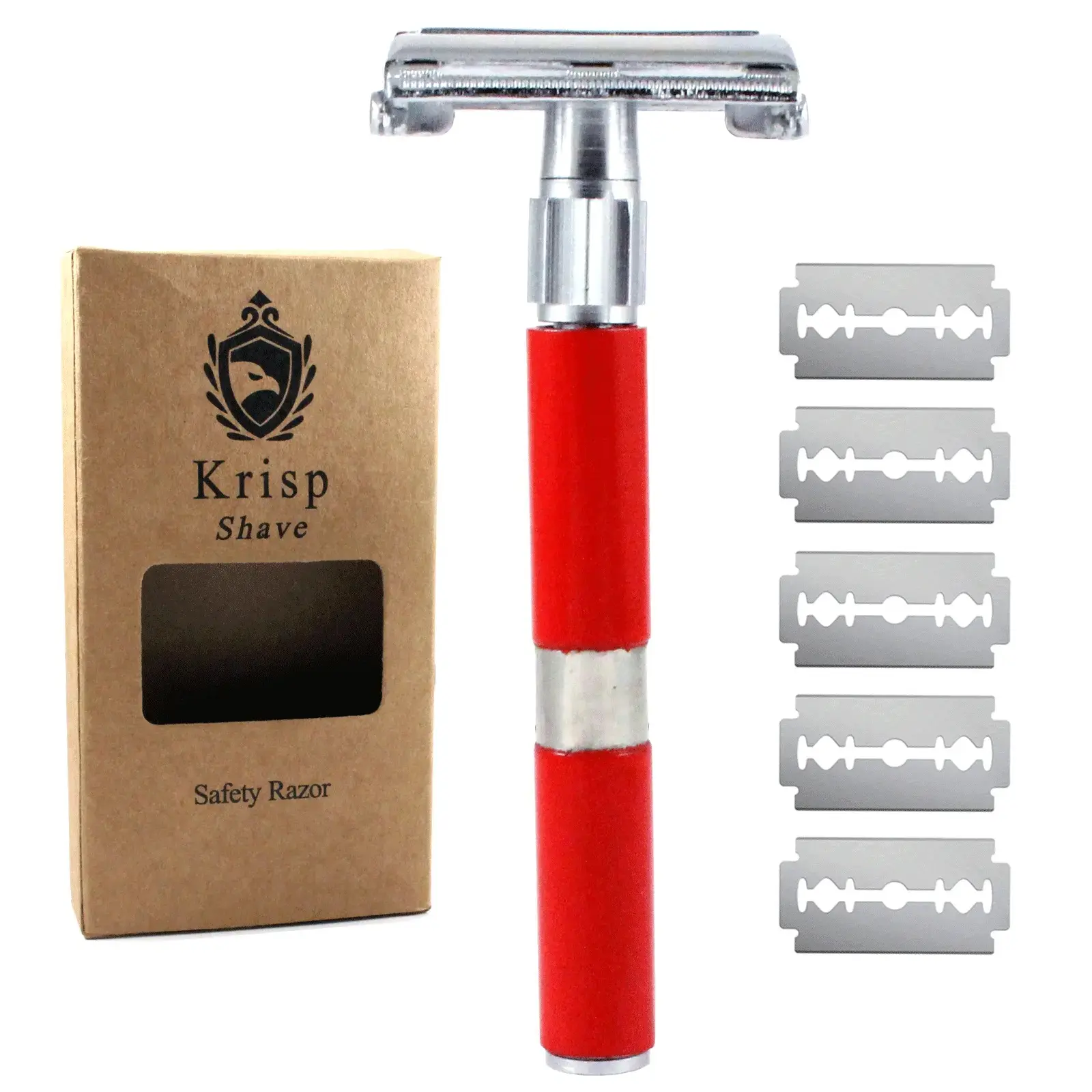 Krisp Beauty 4" Long Handled Double Edge Safety Razor, Butterfly Open Men Women Shaving Razor with 5 Double Edge Razor Shaving Blades Provides Bump Free Wet Shave Comfort Red