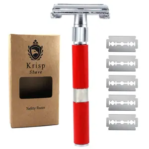 Krisp Beauty 4" Long Handled Double Edge Safety Razor, Butterfly Open Men Women Shaving Razor with 5 Double Edge Razor Shaving Blades Provides Bump Free Wet Shave Comfort Red