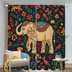 2Pcs Bohemian Elephant Pattern Curtains, Home Decoration Curtain, Exotic Flowers Birds Theme Drapes, Home Window Decor for Living Room, Bedroom, Kitchen Translucent tube bag design
