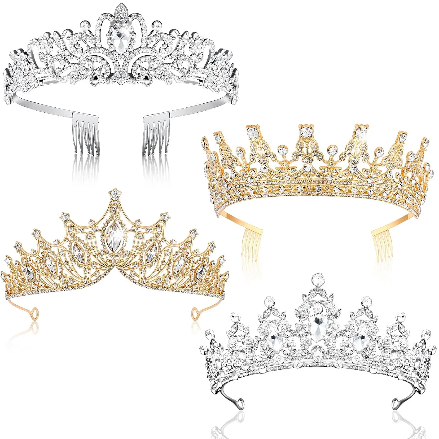 Female 4-Pieces Alloy + Stone Rhinestone Crown Bridal Accessory with Combs - Elegant Crown Design, Solid Colors Party Hair Accessory (Gold, Silver)