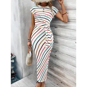 2026 new dropshipping women's striped print lace-up front dress