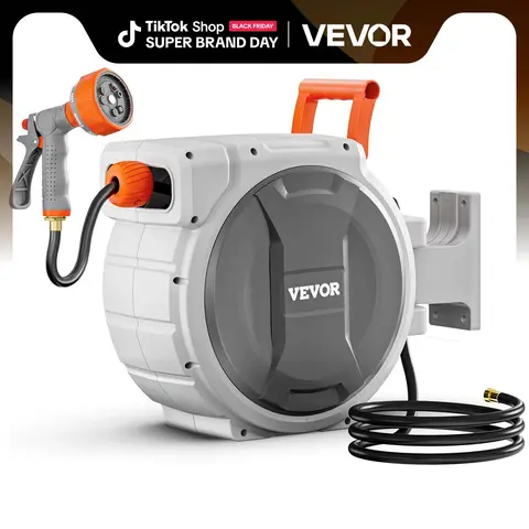 【summerfinds】VEVOR Wall Mount Retractable Garden Hose Reel, Heavy Duty with 9-Pattern Nozzle, Adjustable Length Lock, Upgraded Slow Rewind System, 180° Swivel Bracket, Frost-Resistant Shell for Cold Days, Stable Water Flow, Ideal for Washing Car