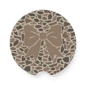 Old School Camo Soapstone Car Coaster with Tan Bow, Camouflage Truck Cup Holder Coaster, Hunting Gift, Absorbent Stone Car Coaster, Camo Car Accessories, Country Truck Decor