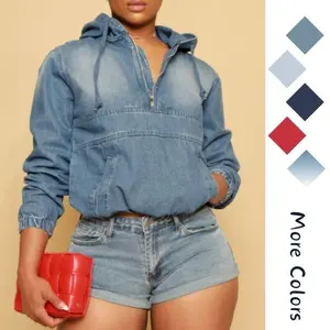 Women's Half Zip Denim Hoodie Pullover Jacket Jean Tops Casual Black hoodies women(gift)Gift