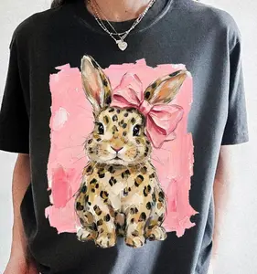 Comfort Colors Happy Easter Bunny T-shirt, Oil Paint Leopard & Pink Bow Coquette Bunny Tshirt