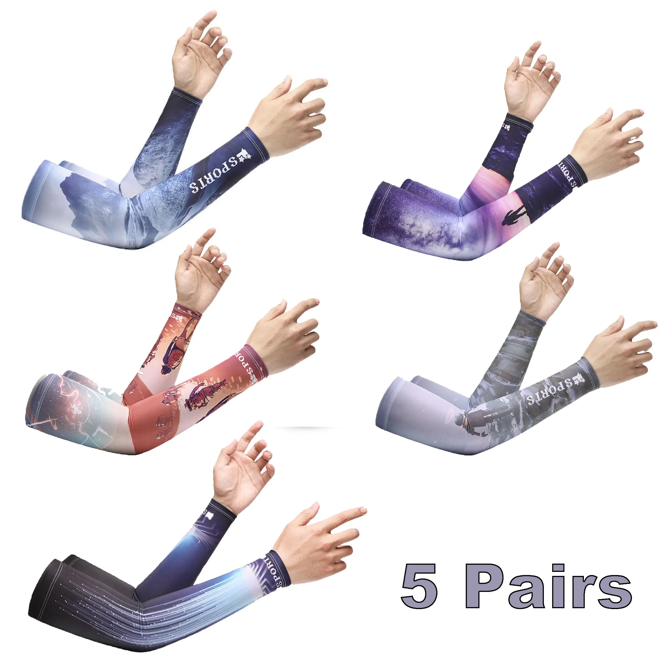 10 PCS (5 Pairs) Ice-Silk Cooling Compression Arm Sleeves for Men, 1-Size Ultra-Stretchy Outdoor Sports Accessories, Heat-Wicking UV Sun Protection Anti-Slip Breathable Protective Gear for Cycling, Hiking
