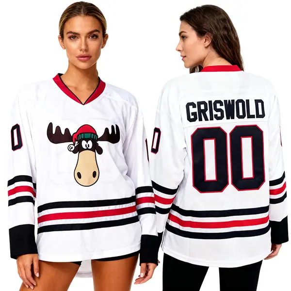 Griswold #00 Moose Hockey Jersey, Retro Embroidered Street Style Long Sleeve V-Neck, Moisture Wicking Polyester Shirt with Mesh Breathability, S, Christmas, Sporty Chic, U.s. Standard, Loose Fitting Clothes, V-Neck Cut, Unisex Wear, Polyester Knit, Breath