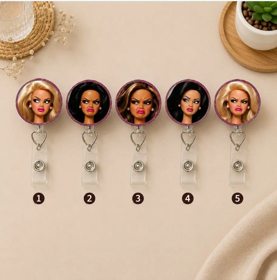 Funny Cringe Doll Meme Badge Reel, Retractable Work ID Holder Clip, Doll Face Reaction Meme Badge Holder, Nurse Teacher Office