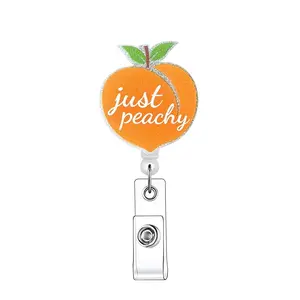 Peach & Letter Design Retractable Badge Reel, 1 Count Portable Name Badge Holder with ID Clip for Nurse Doctor Student Volunteer Employee