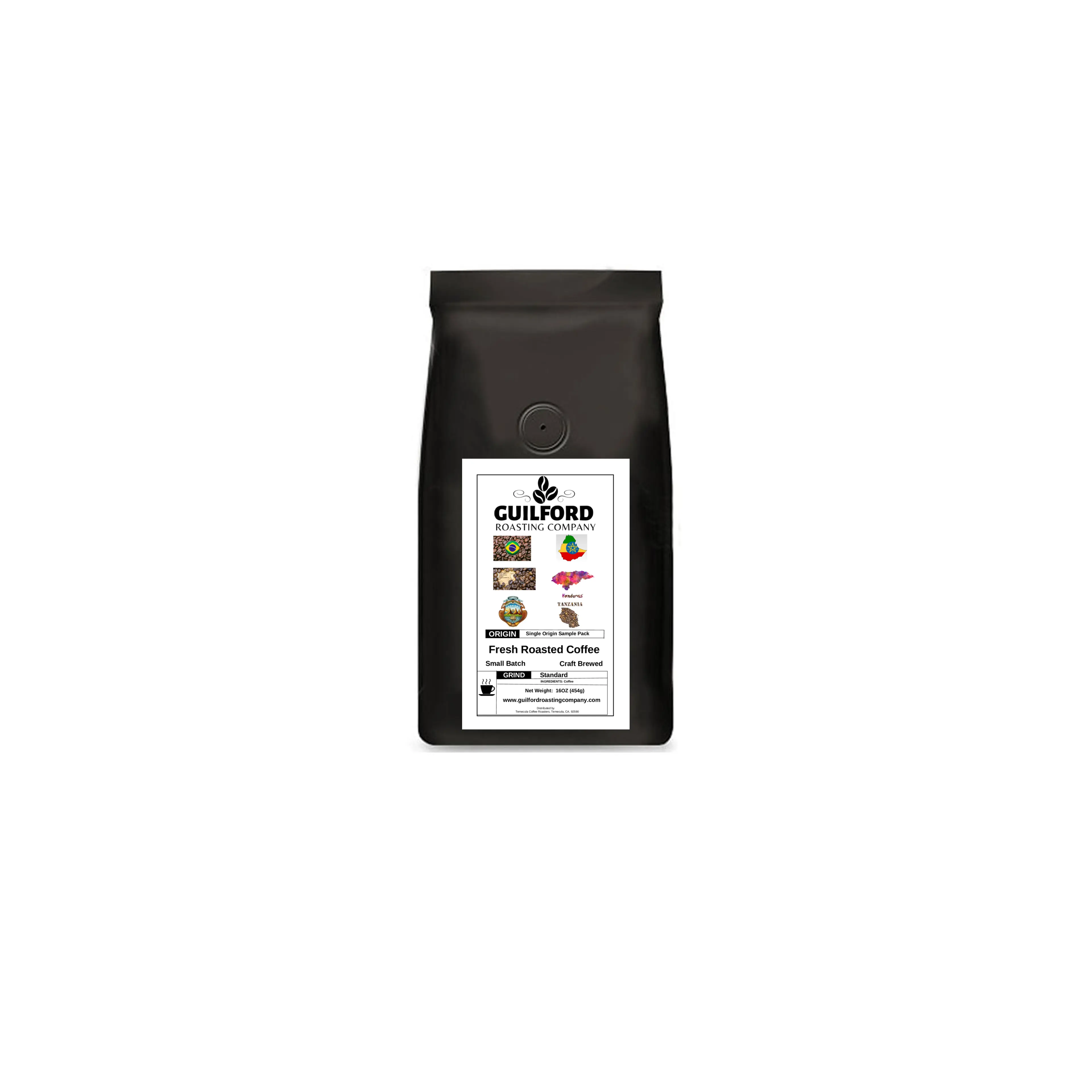 GUILFORD Single Origin Favorites Sample Pack - Brazil, Colombia, Costa Rica, Ethiopia, Honduras, Tanzania - Natural Coffee & Chocolate Varieties