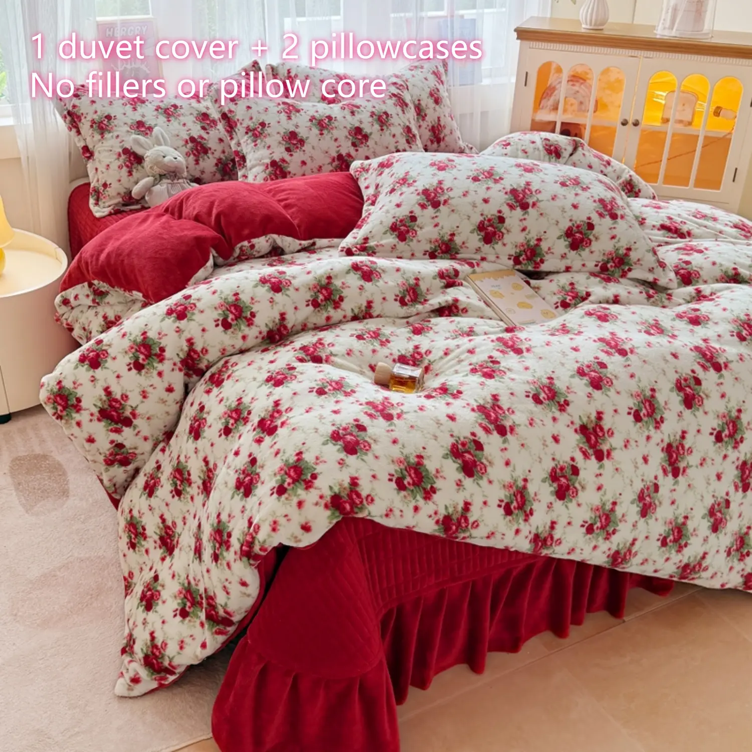Rose Floral Bedding Set 3 Pieces, Ultra-Soft Printed Milk Velvet Duvet Cover Set, Red Floral Vintage Botanical Print Duvet Cover Set, Country-Style Bedding Set (1 Duvet Cover & 2 Pillowcases), Reversible Design, Decorative Duvet Cover