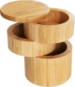 3 Tier Bamboo Kitchen Salt and Pepper Triple Salt Cellar Storage Box with Magnetic Swivel Lids Handy Storage Box for Holding Jewelry Office Supplies and More