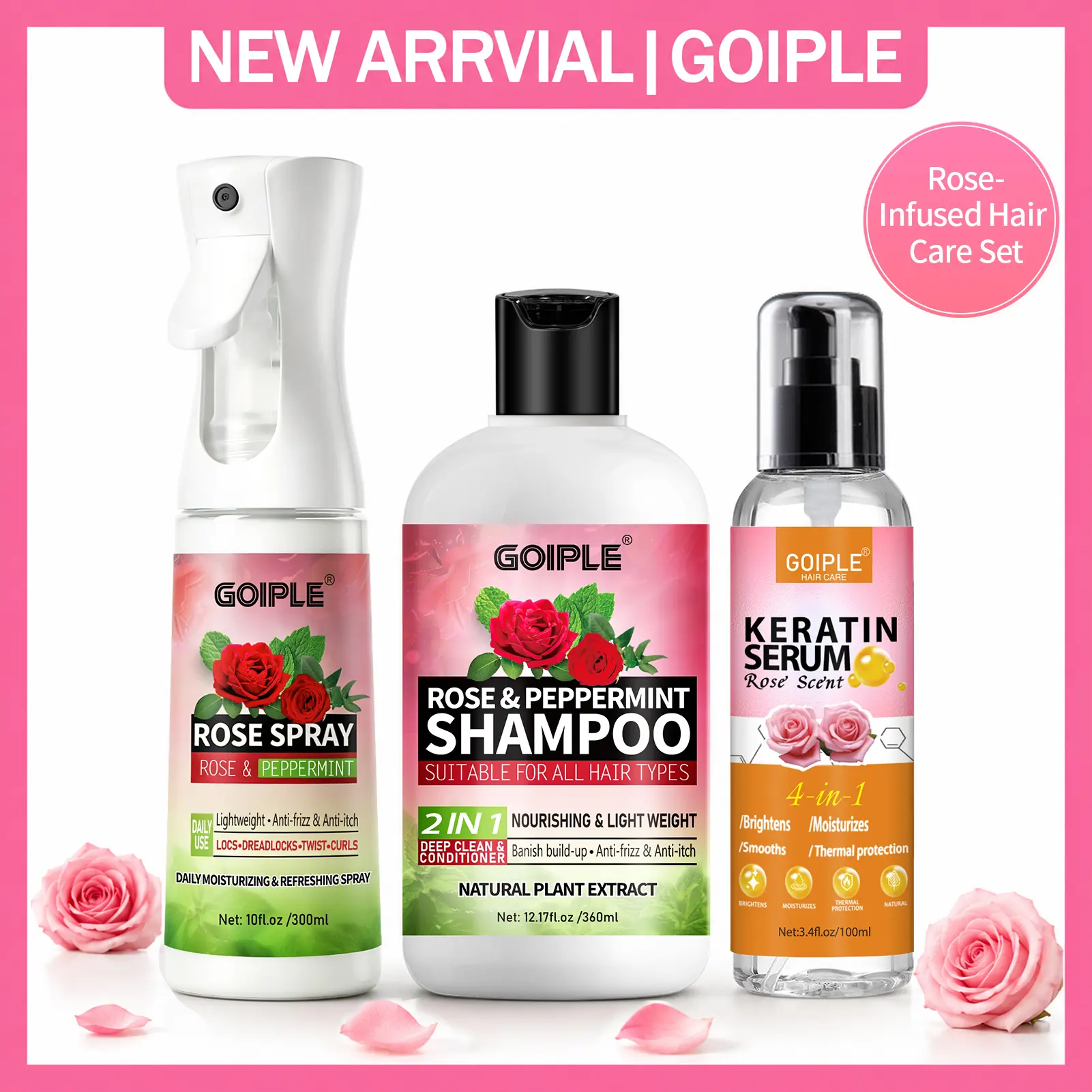 Rose & Peppermint Hair Care Set，Deep Clean Anti-Itch Shampoo, Keratin Repair Heat Protect Serum, Hydrating Anti-Static Spray for Women Family Use, Locs Twists Curls All Hair Types