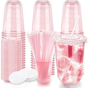 50 Pack Pink 16oz Disposable Stemless Glasses with Flat Lids and Straws, PET Clear Plastic Drinking Cups for Birthday, Wedding, Meeting, Christmas Party Supplies