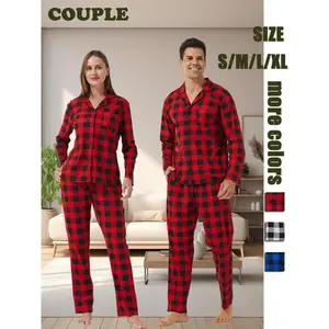 Couple's Plaid Print Button Front Pajama Two-piece Set, Casual Comfy Long Sleeve Pocket Top & Elastic Waist Pants Pj Set, Couple's Sleepwear for Spring & Fall��gift��