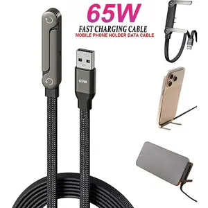 65w PD Foldable Phone Stand Data Line Charging Cable, Electronic Mobile Phone Holder, Smartphone, Cellphone USB to Type-C Fast Charge, Durable Braided Wire, 360 Degree Rotating Adjustable Metal Stand