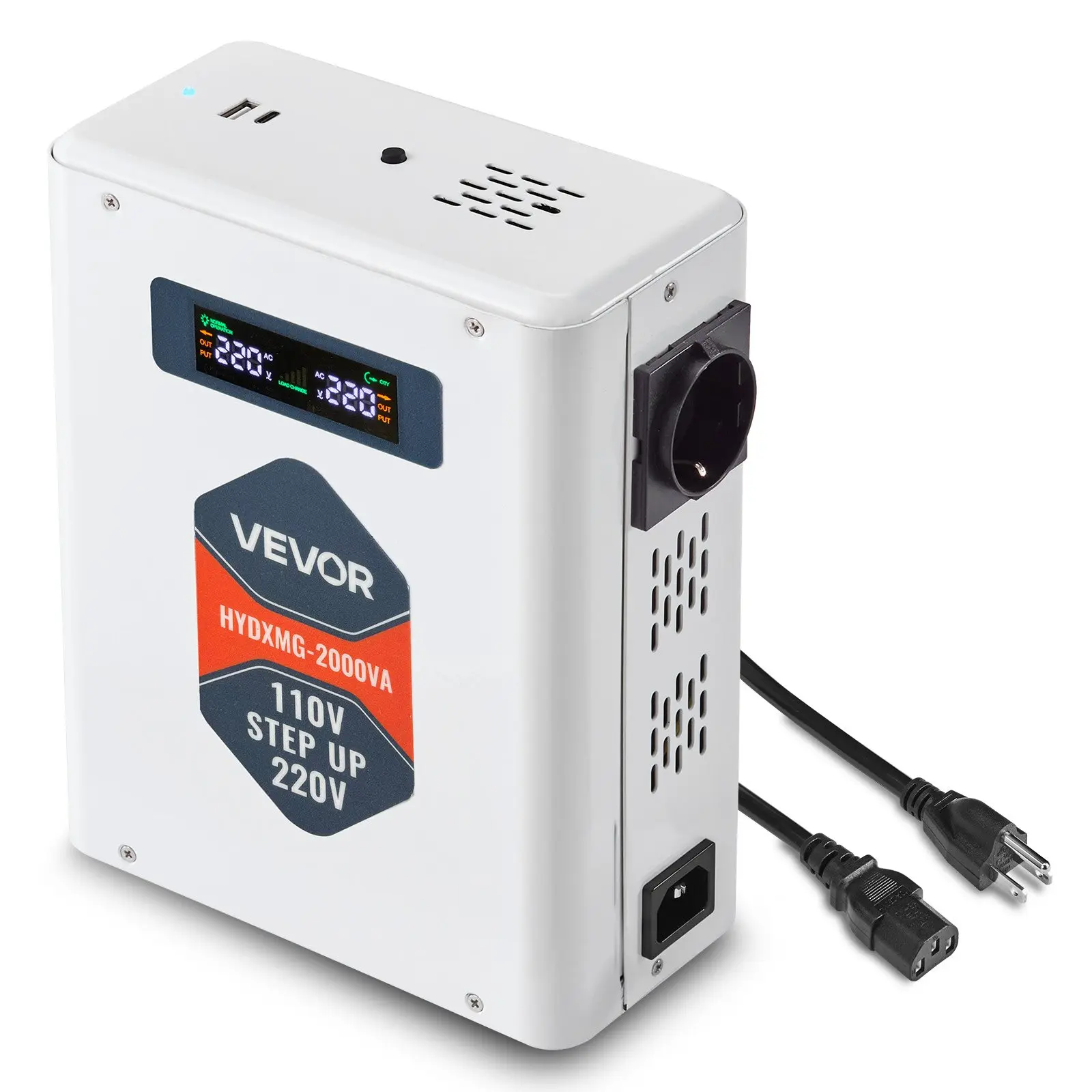VEVOR Heavy Duty 2000VA Step Up AC Power Transformer (110V-220V, Hydxmg-2000Va) with Metal Housing, 2 EU Outlets, 1x Type-C Output, USB Output, LCD Display, Temperature Protection, Real-Time Monitoring for 220V Appliances