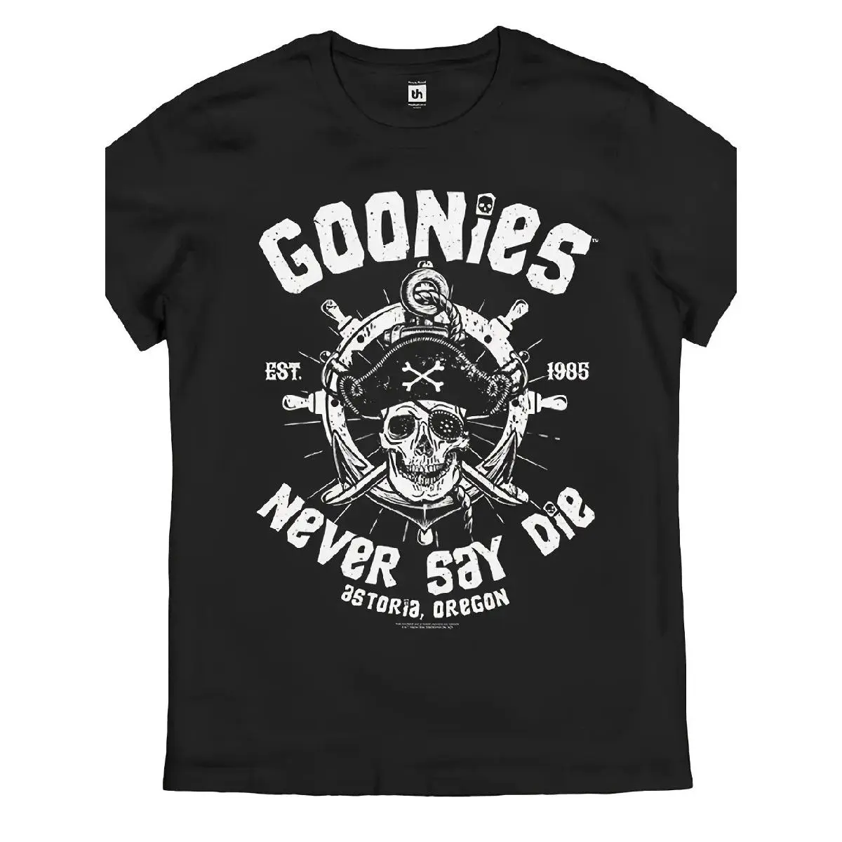 Men's Goonies Never Say Die Retro T-Shirt Officially Inspired 80s Movie Logo Iconic Skull Crossbones Pirate Design