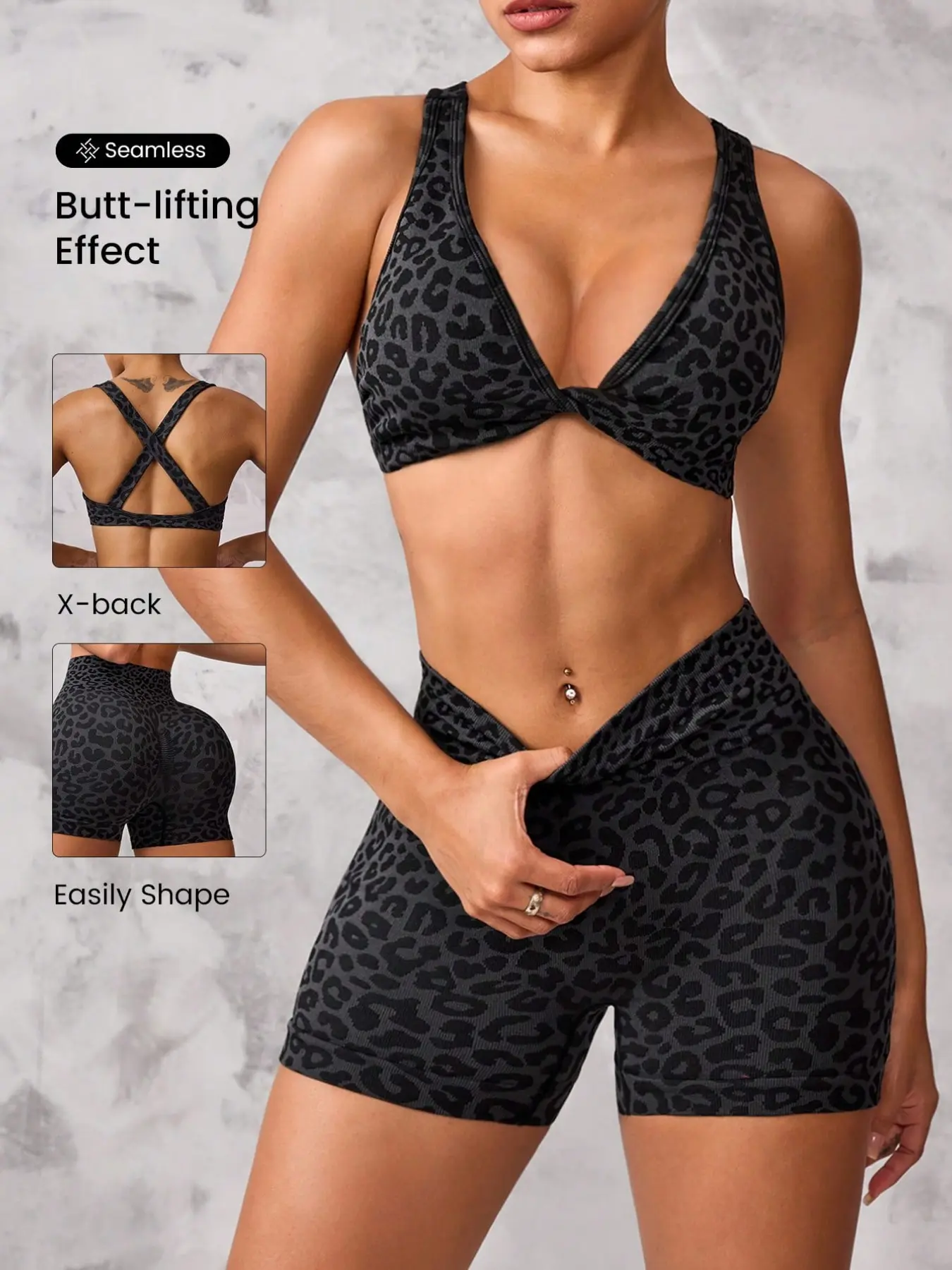 Shein Sport Set Includes 2 Pieces, Leopard Print Knot Back Bra and High-Waist Stretch Shorts, Fashionable Workout Sets for Women, Athleisure Wear Set