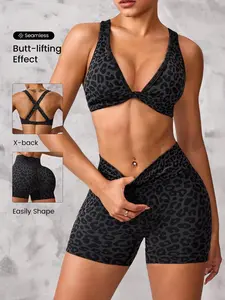Shein Sport Set Includes 2 Pieces, Leopard Print Knot Back Bra and High-Waist Stretch Shorts, Fashionable Workout for Women, Athleisure Wear Set
