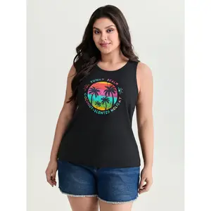 BLOOMCHIC Women's Plus Size Casual Boho Sleeveless Crew Neck Cotton-Polyester Blend Tank Top - 2026 Summer Pick Island Energy Colorful Motif Comfortable Fit Mother's Day Option Black Rainbow 2026 Summer Vibes Swimweek