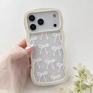 1pcs Cute Bow Case for IPhone 17 Pro Max/17 Pro/17 Air/17/16/15/14/13/12 Case, Clear Ribbon Bow Pattern Curly Wave Edge Aesthetic Transparent Phone Case, Slim Shockproof Protective Phone Cover for Women Girls -White