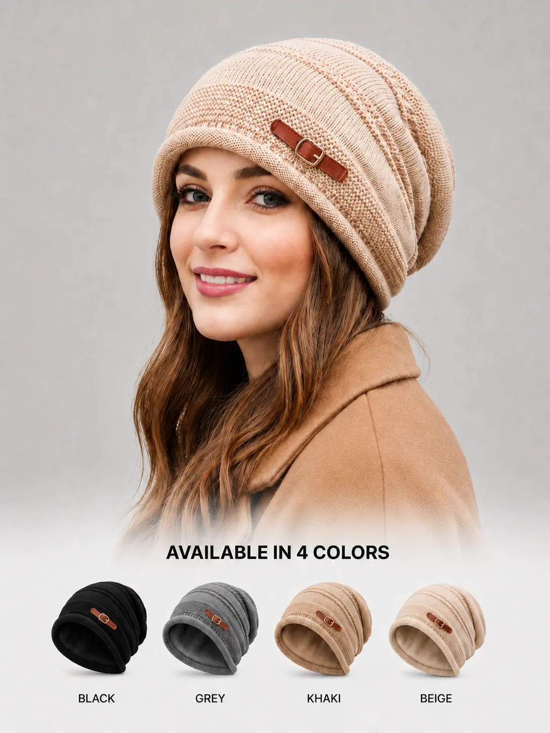 Women's Slouchy Knit Beanie Hat with Buckle Accent,Thick Loose Elastic Design,  Multiple Colors, Soft Warm, Casual Formal Wear, Knitted Hat, Knitting Warm Hat