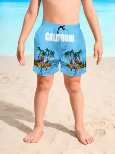 Boys' Gradient Shark Full-Print Quick-Dry Beach Shorts, Drawstring Waist Swim Trunks for Summer Vacation, Casual Kids Swimsuit, Toddler Swimsuit, Swimwear Shorts