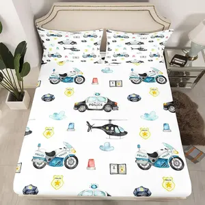 Feelyou 2-Pcs Twin Size Watercolor Aircraft Bedding Set - Cool Police Car, Motorcycle, Helicopter Themed Bedsheet Sets with Artistic, Character Fitted Sheets for Kids' Bedroom Decor