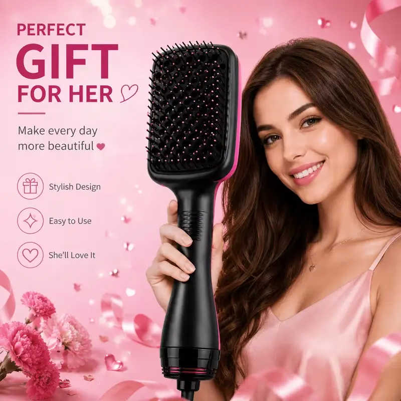 3-in-1 Hair Dryer Brush & Hot Air Styling Brush, Hair Straightener Brush for Drying, Straightening & Smoothing, 3 Heat/Speed Settings, Paddle Design for All Hair Types