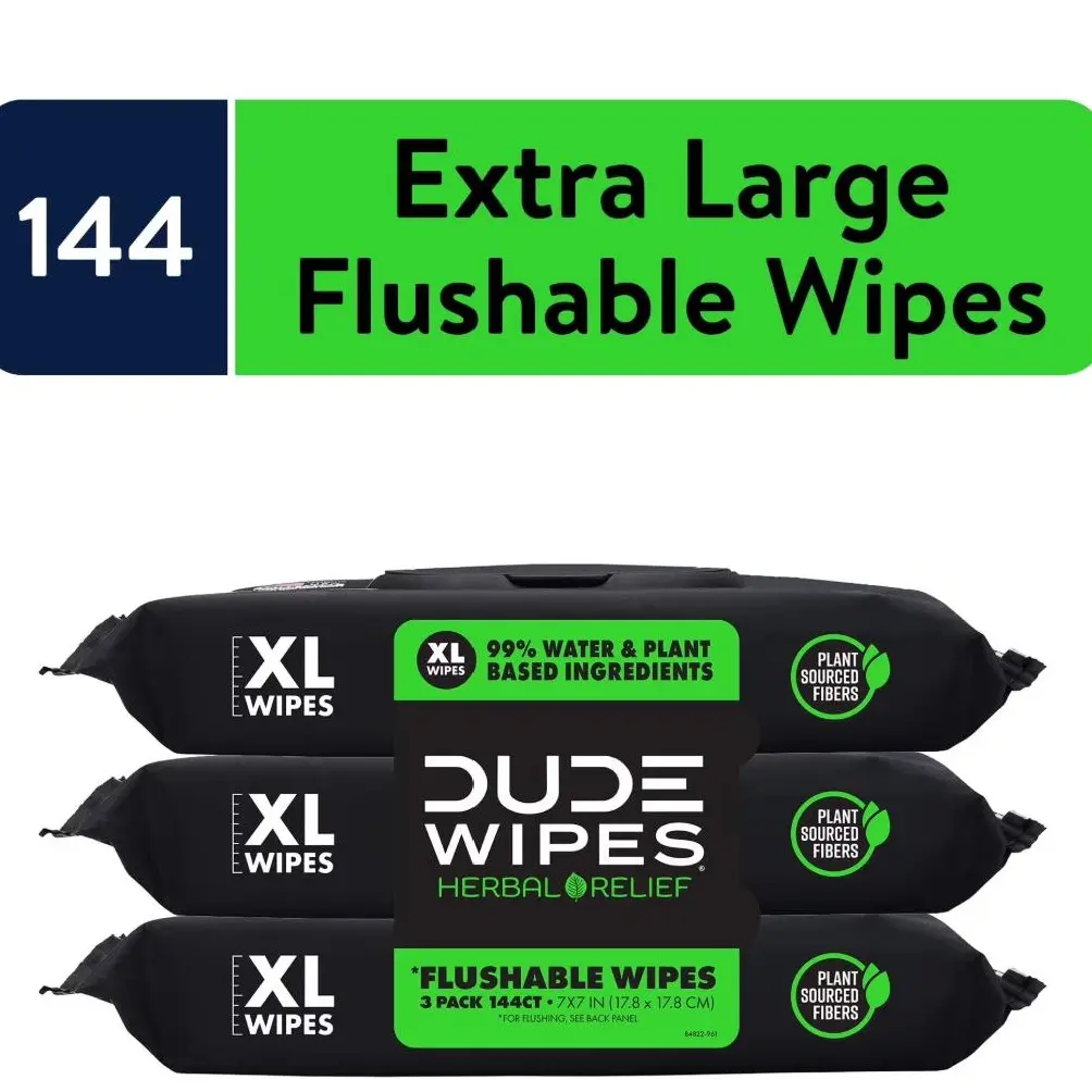 DUDE Herbal Relief Extra Large Wet Wipes - 99% Water, Plant-Based, Hypoallergenic, Scented, Plastic-Free, Dermatologically Tested (Scent Discovery Option)