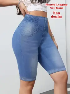Women's Printed Leggings Non-Denim Fabric, Casual Fashion Tight Shorts, Elastic Fake Jeans Print, All-Season Comfort