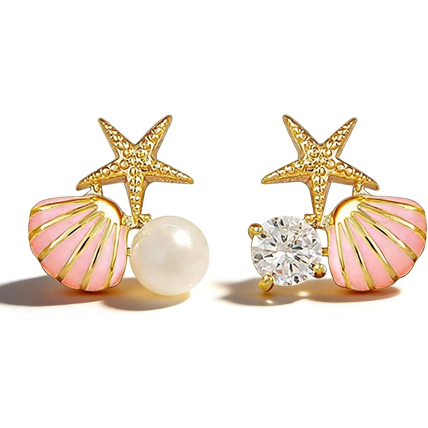 Women's Faux Pearl Decor Shell-Starfish Stud Earrings - Beachy, Lightweight, Versatile, All-Day Wear Costume Jewelry, Elegant Statement Accessory for Birthday Gifts