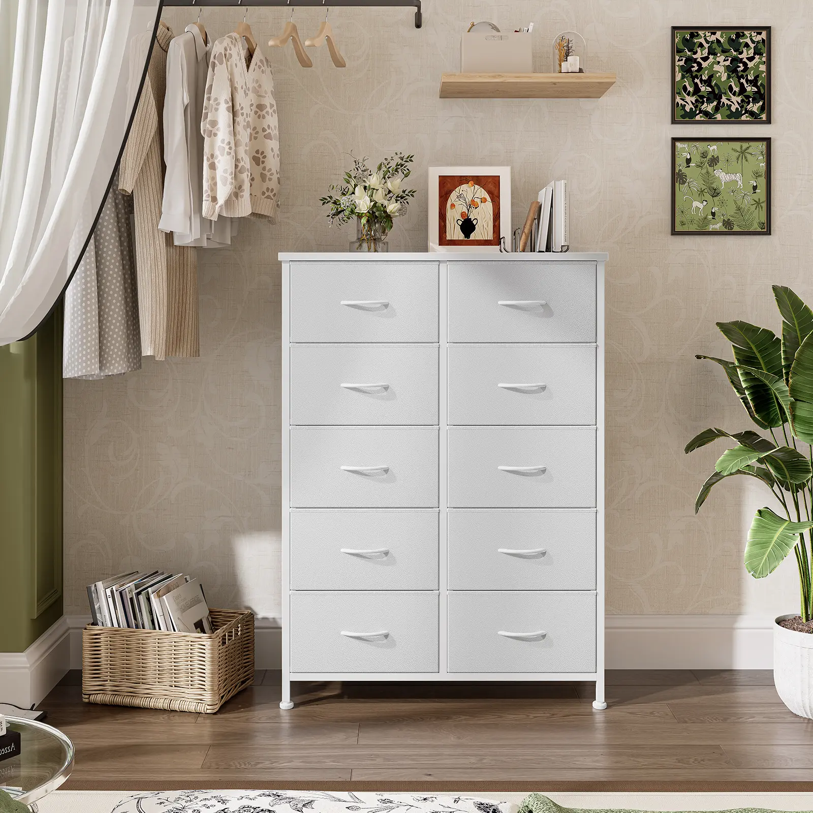 Tall 10-Drawer Fabric Storage Tower with Fabric Bins & Wood Top - Vertical Space-Saving Modern Wood Dresser, Storage Cabinet for Closet, Bedroom Decor, Storage Cabinets