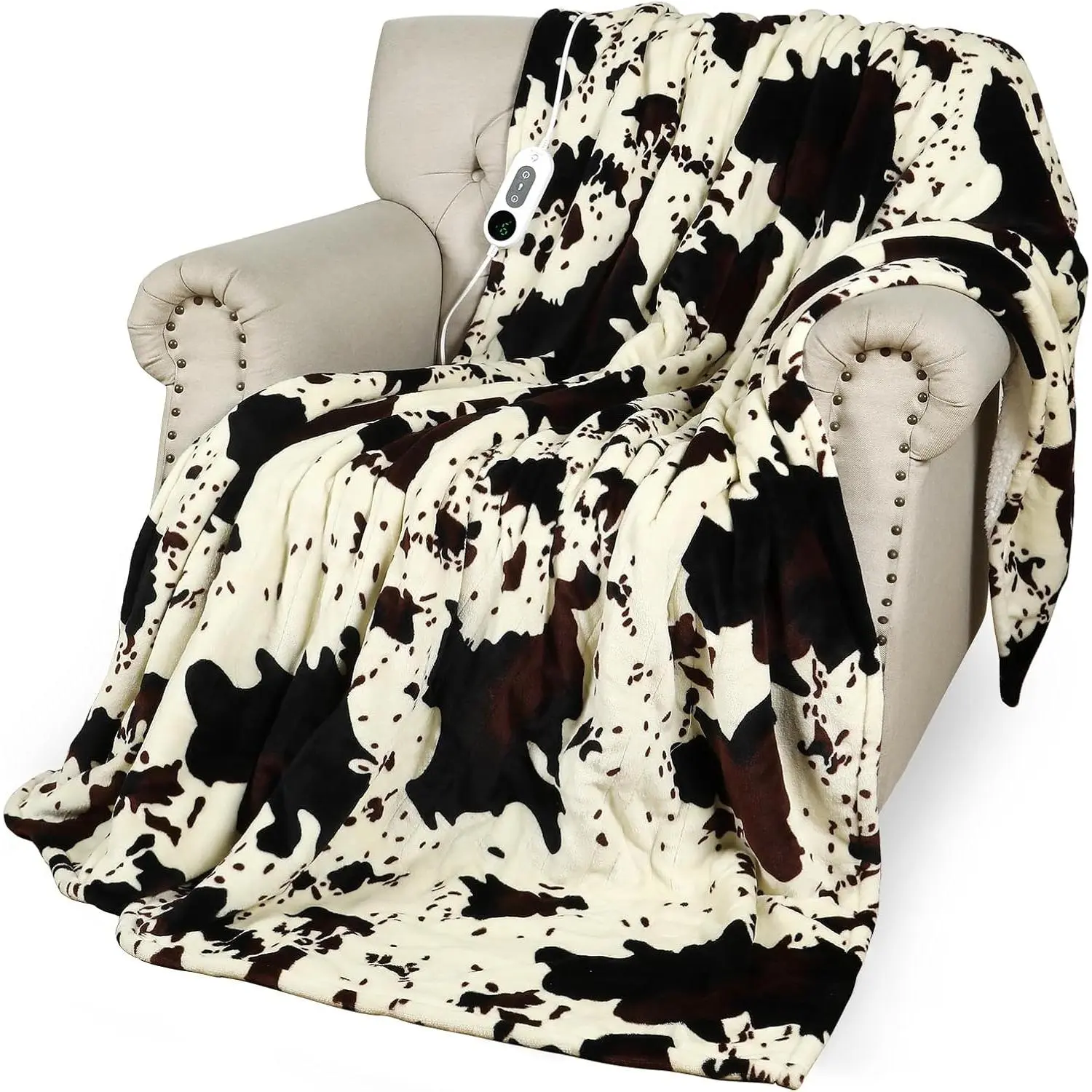 Cow Print Heated Blanket, 90"x100" Electric Blanket King Size Dual Control, Cozy Soft Flannel Sherpa Heating Blankets with 9 Heat Levels & 2/4/8/12H Auto-O