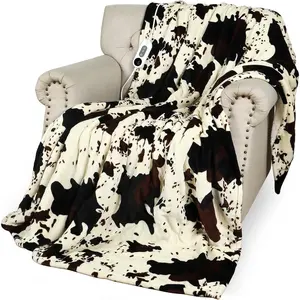 Cow Print Heated Blanket, 90"x100" Electric Blanket King Size Dual Control, Cozy Soft Flannel Sherpa Heating Blankets with 9 Heat Levels & 2/4/8/12H Auto-O