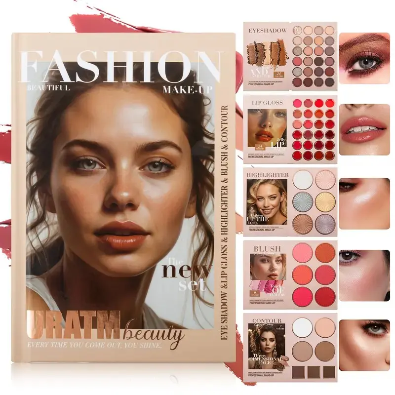 67-Color 5-Layer Compact Makeup Book Palette, All-in-1 Smooth Eyeshadow, Blush, Glossy Lipstick, Lipgloss, Contour, Highlighter, Lightweight Long-Lasting Waterproof Travel Makeup Set Gentle Daily Cosmetic