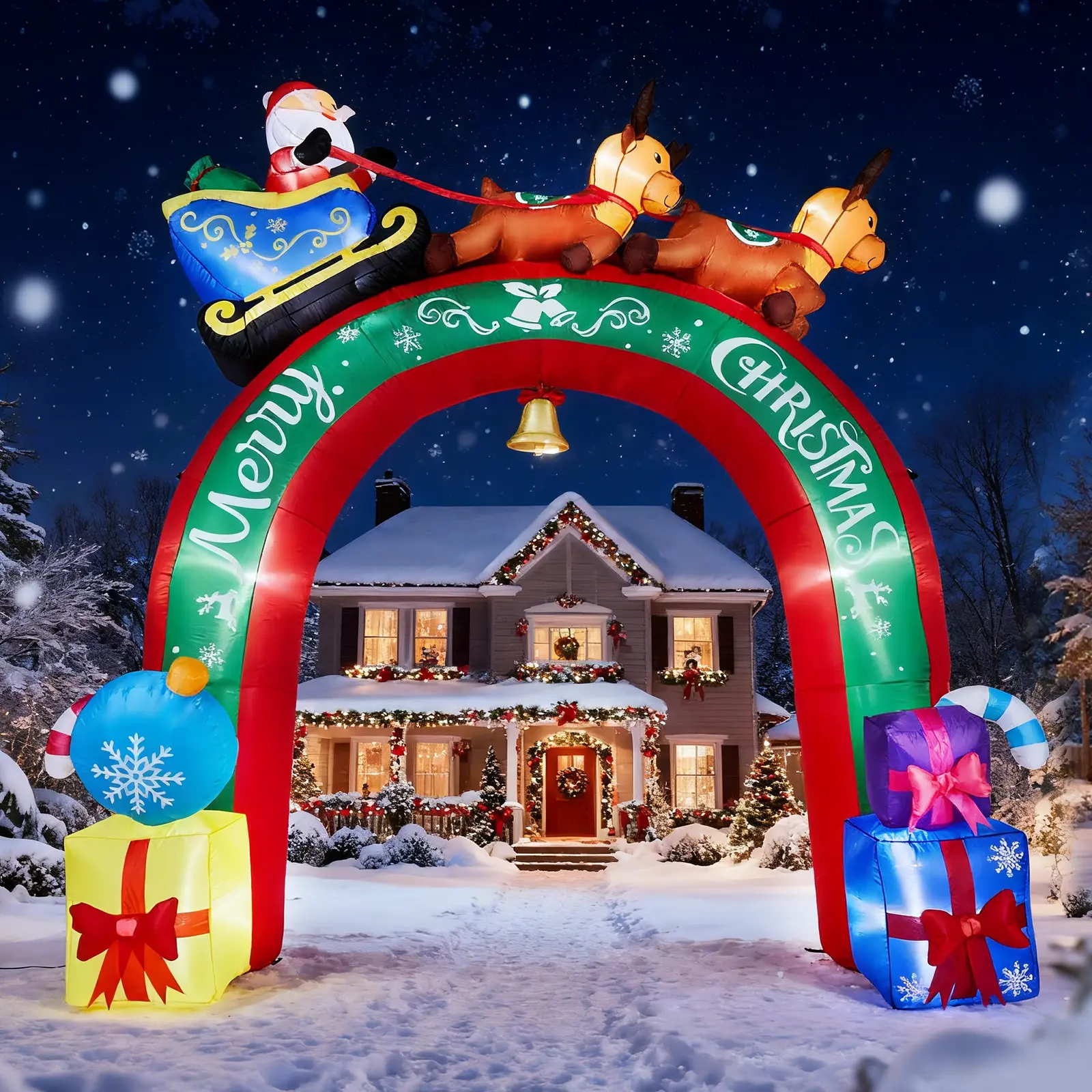 10FT Waterproof Lighted Christmas Inflatable Archway - Plastic Reindeer-Pulling Santa's Sleigh Outdoor Christmas Decor, Magical Photo Backdrop with Built-in LED Lights, Easy Install for Holiday Party (270x90x300cm)