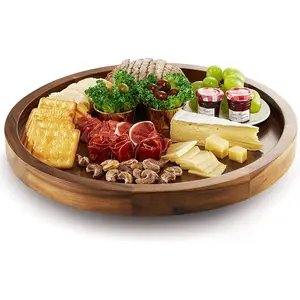 18" Acacia Wood Lazy Susan for Table Top - Wooden Brown Turntable Serving Tray for Charcuterie Boards Cheese Board - Extra Large Round Lazy Susan Organizer - Kitchen Revolution for Cabinet