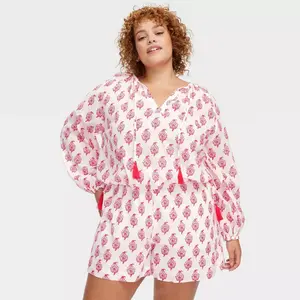 Women's Bouquet Long Sleeve Tie-Neck Boho Top Pink - Roller Rabbit 3X
