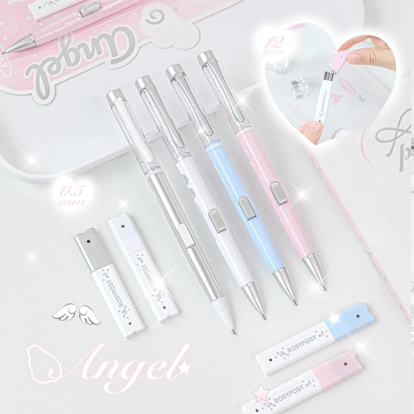 Automatic Pencil Set, Mechanical Pencil with Lead Refill, Crystal Diamond Decoration, Side Press Design, Smooth Writing, Blue Silver Color Options